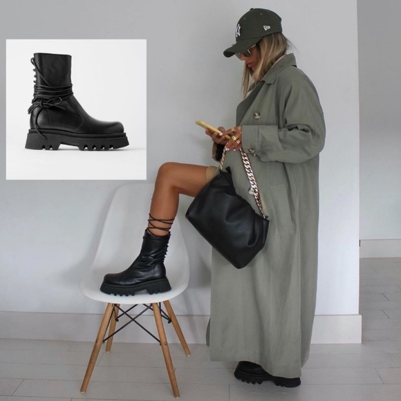NWT Zara Lace Leather Ankle Boots with Lug Sole - Picture 1 of 12